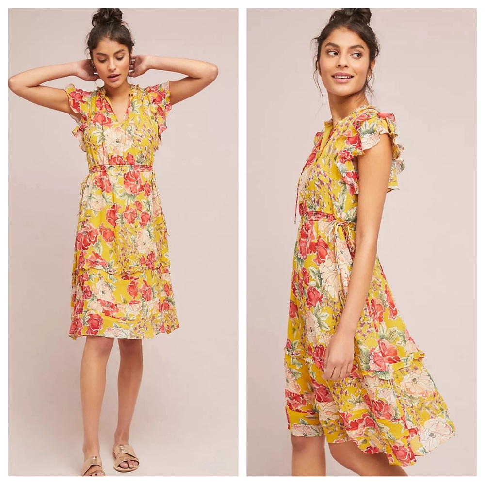 Anthropologie Dolan Left Coast Ellory Silk Dress Floral Yellow Ruffle XS
